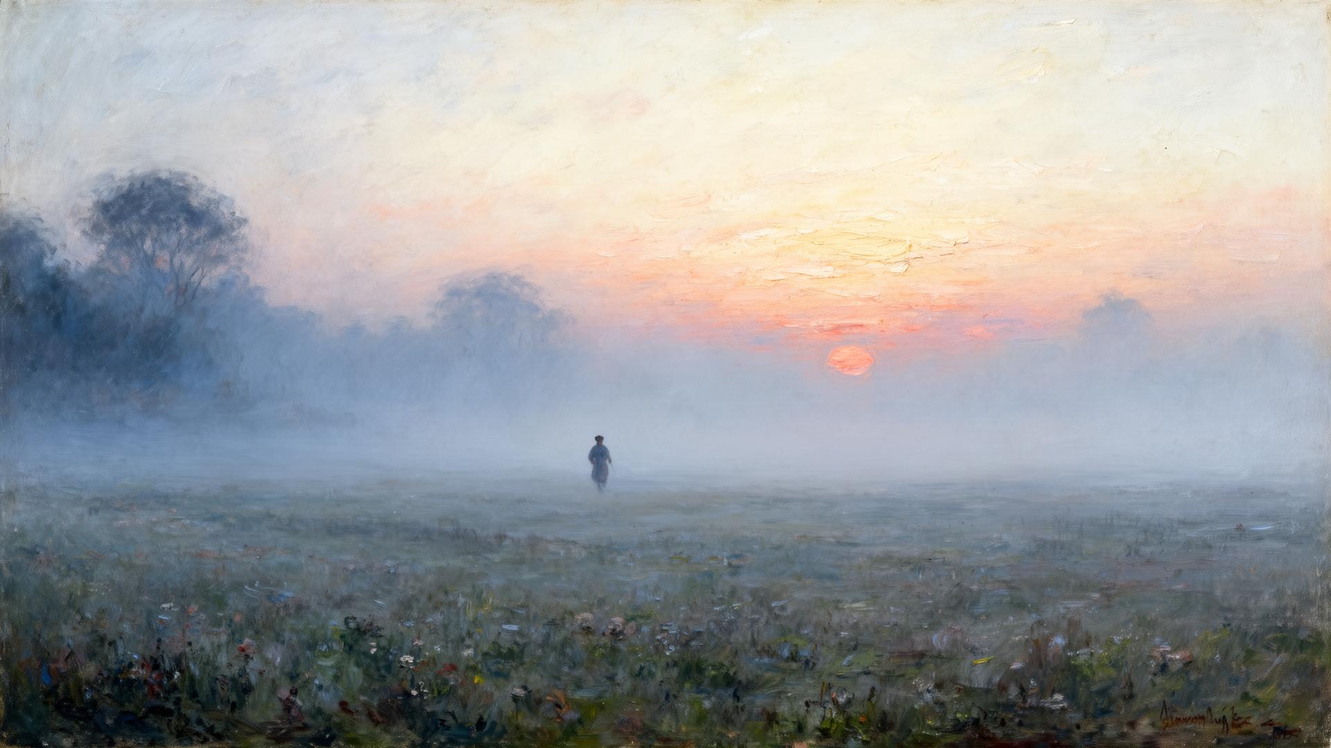 Open field under early morning fog